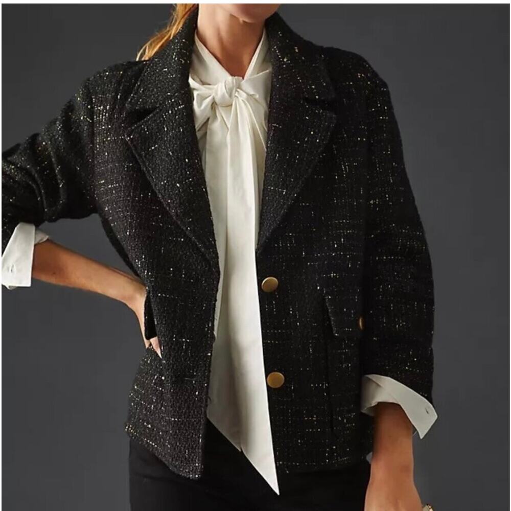 Anthropologie x Avec Les Filles Black Tweed Blazer Gold Thread Jacket Sz M